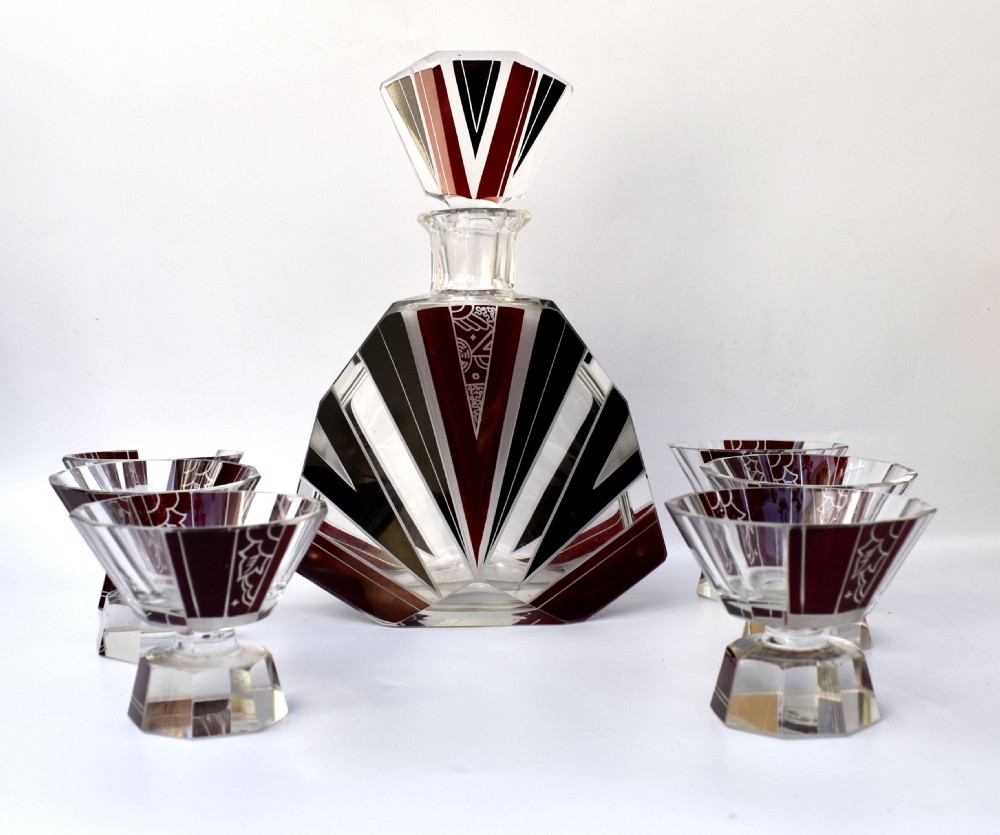art deco cut glass enamel decanter set by karl palda c1930