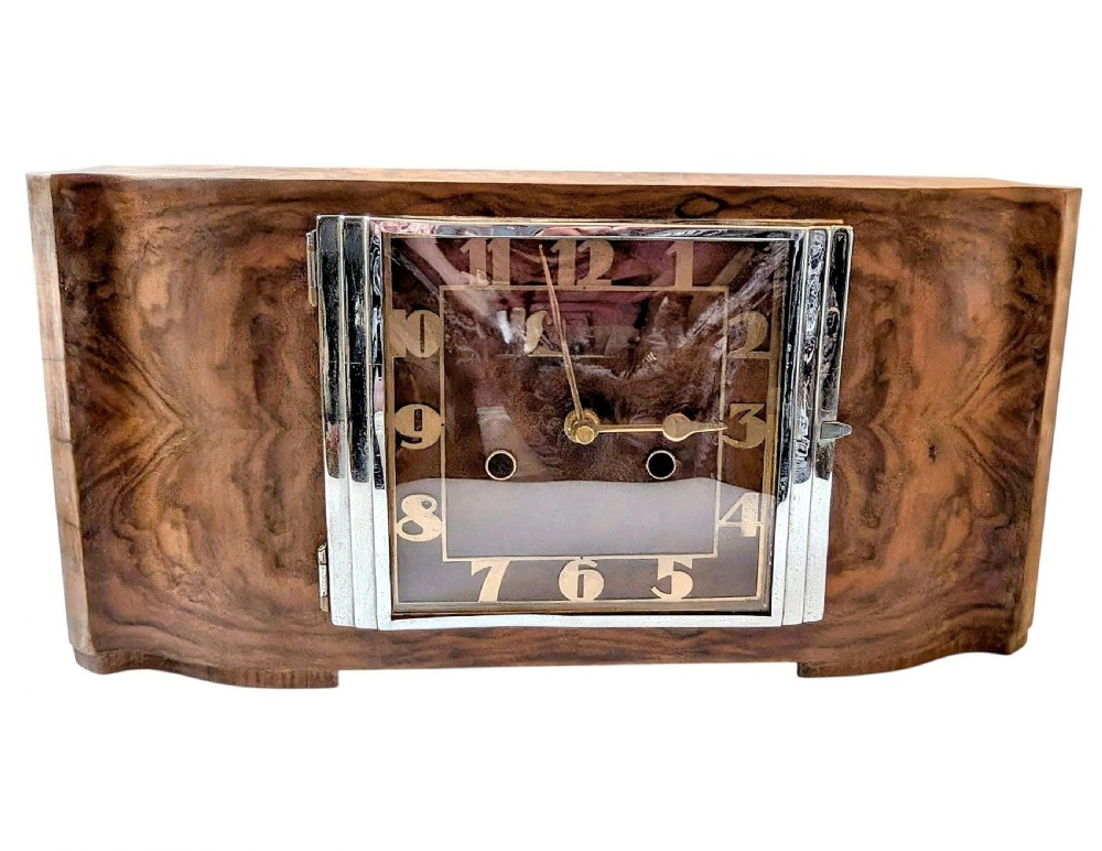 spectacular large art deco walnut chrome mantle clock c1930