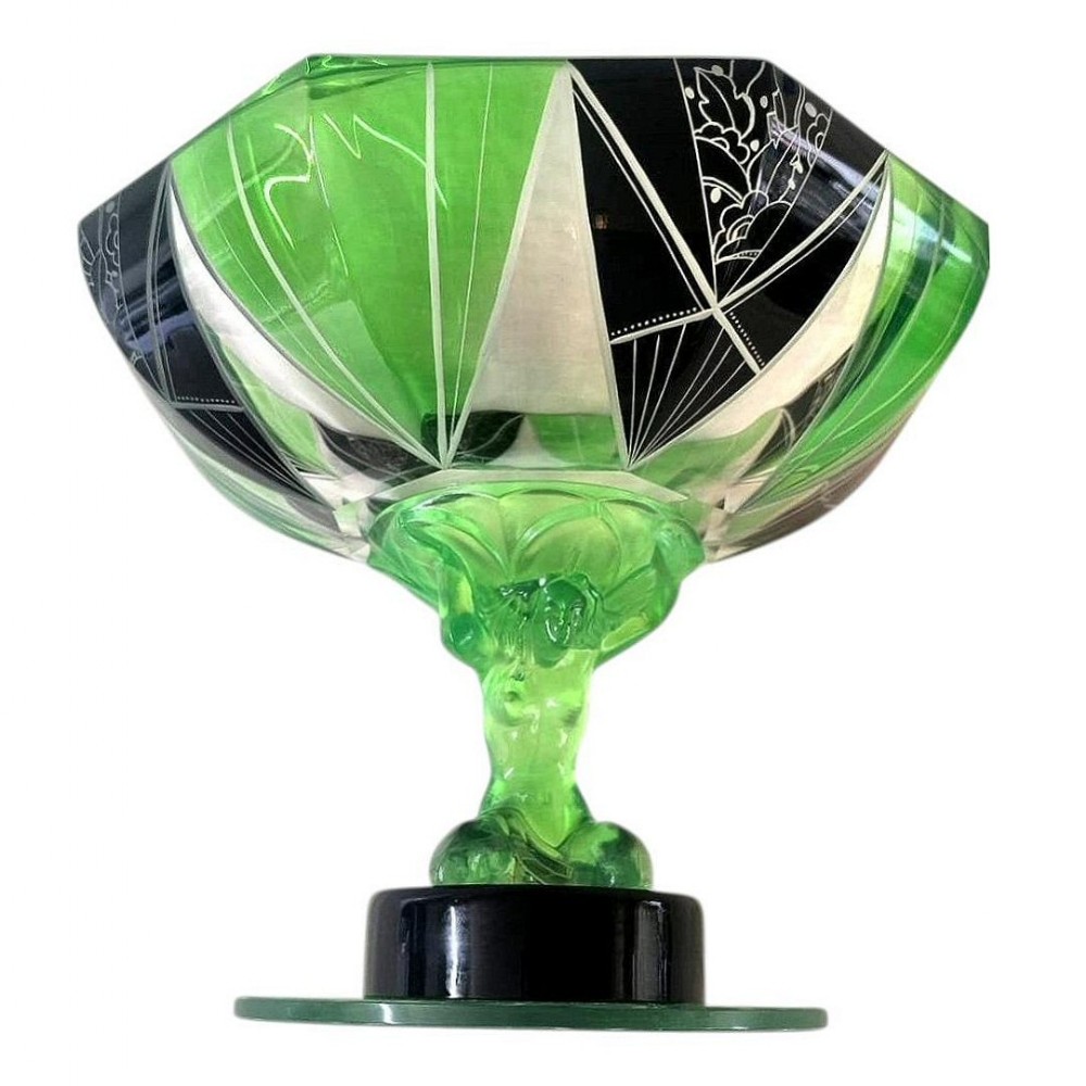 spectacular art deco uranium glass figural comport centrepiece c1930
