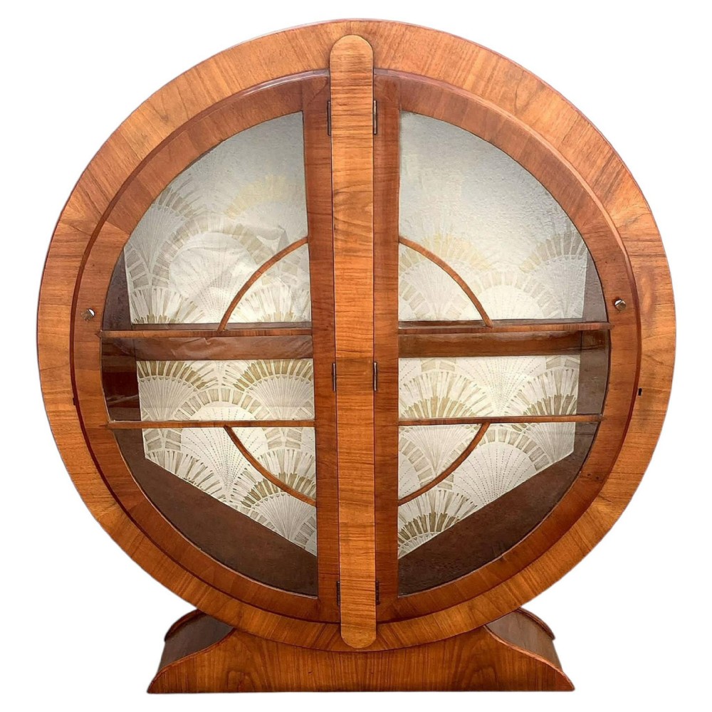 art deco circular walnut display cabinet english c1930