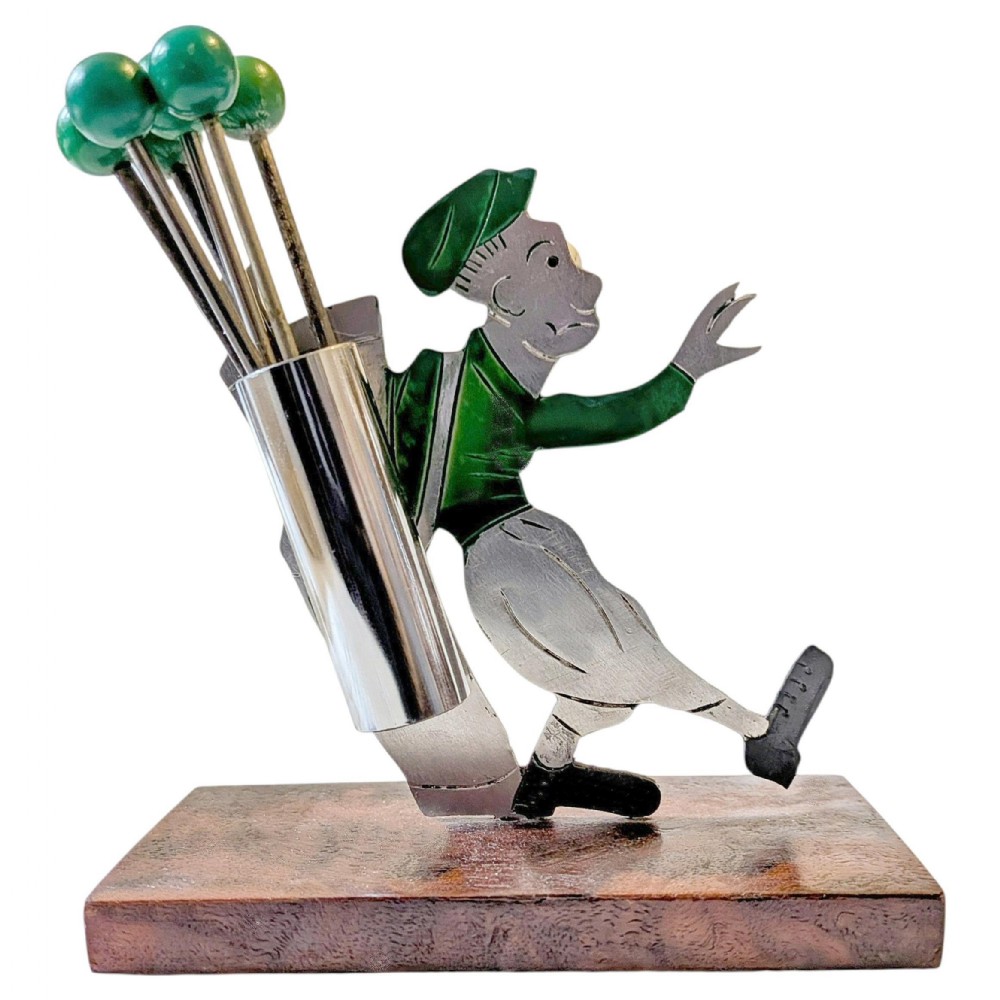 art deco comical golfer man with caddy cocktail sticks by sudre french c1930