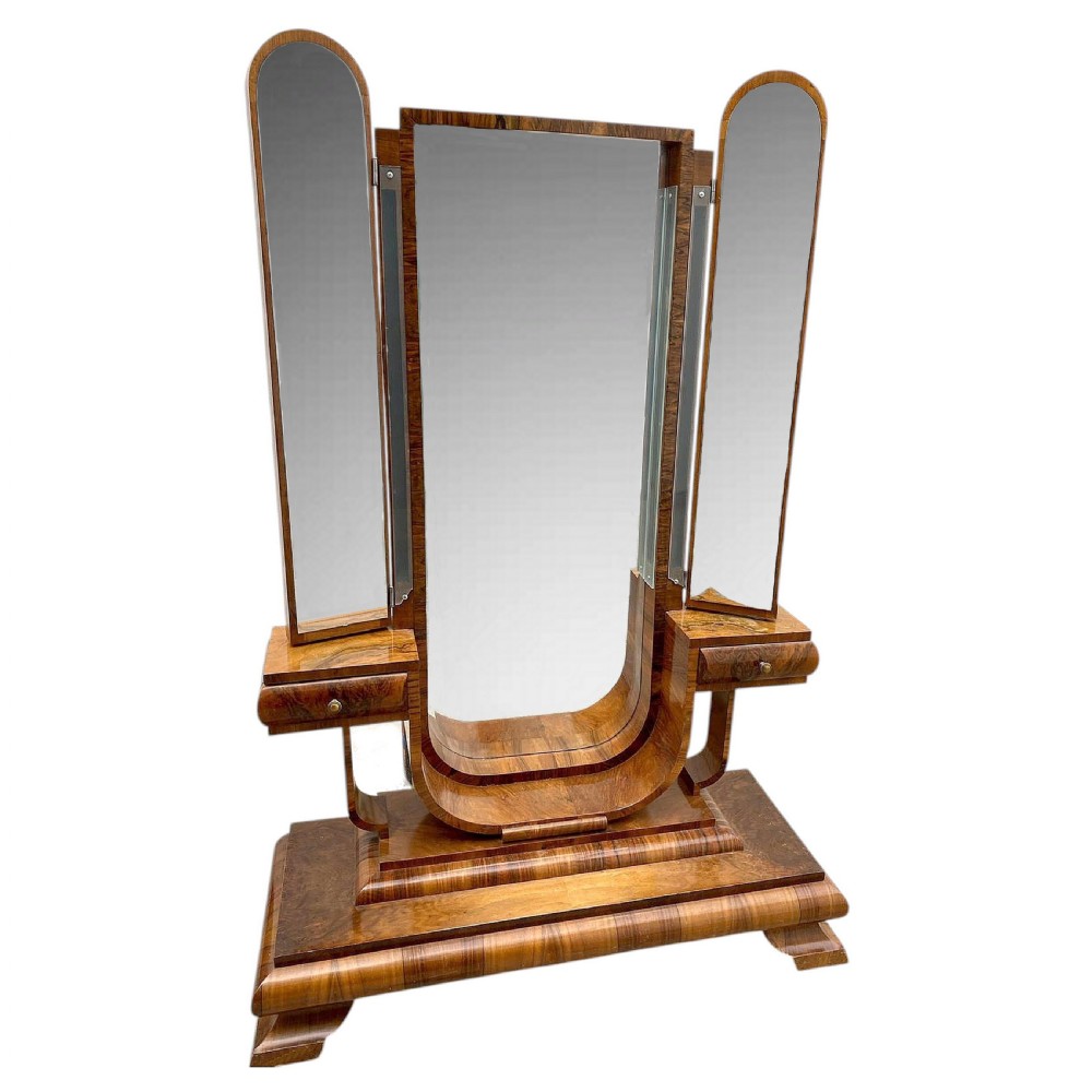 stylish art deco figured walnut cheval dressing mirror c1930
