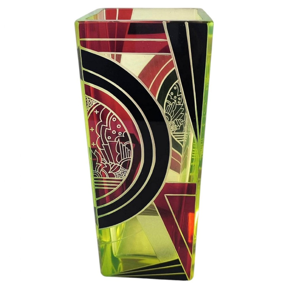 art deco tall uranium glass and etched vase by karl palda czech republic c1930